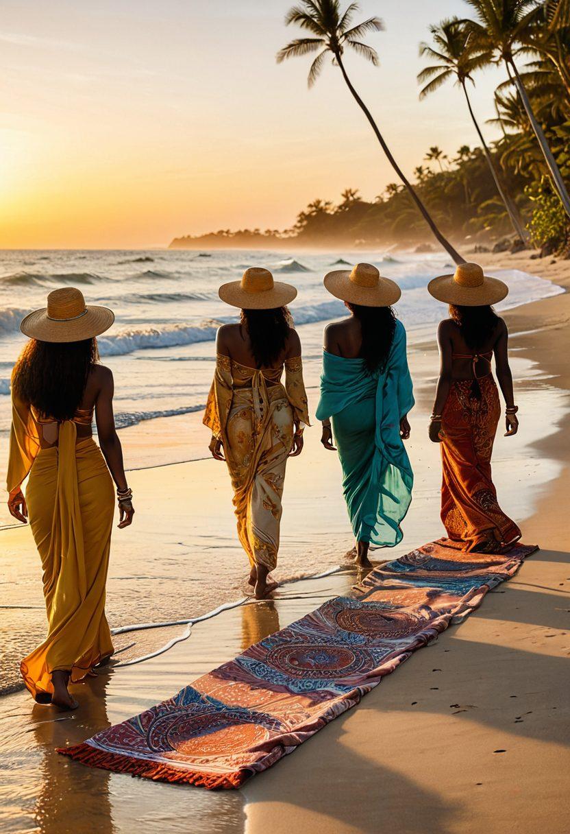 A serene beach scene featuring a diverse group of individuals wearing stylish beach attire that incorporates subtle spiritual elements like mandalas and symbols of faith. The golden sunset reflects off the water, creating a warm ambiance, while flowing fabrics dance in the gentle breeze. Include colorful beach accessories such as sarongs and hats that harmonize with the theme. In the background, soft waves and palm trees enhance the calming atmosphere. vibrant colors. super-realistic.