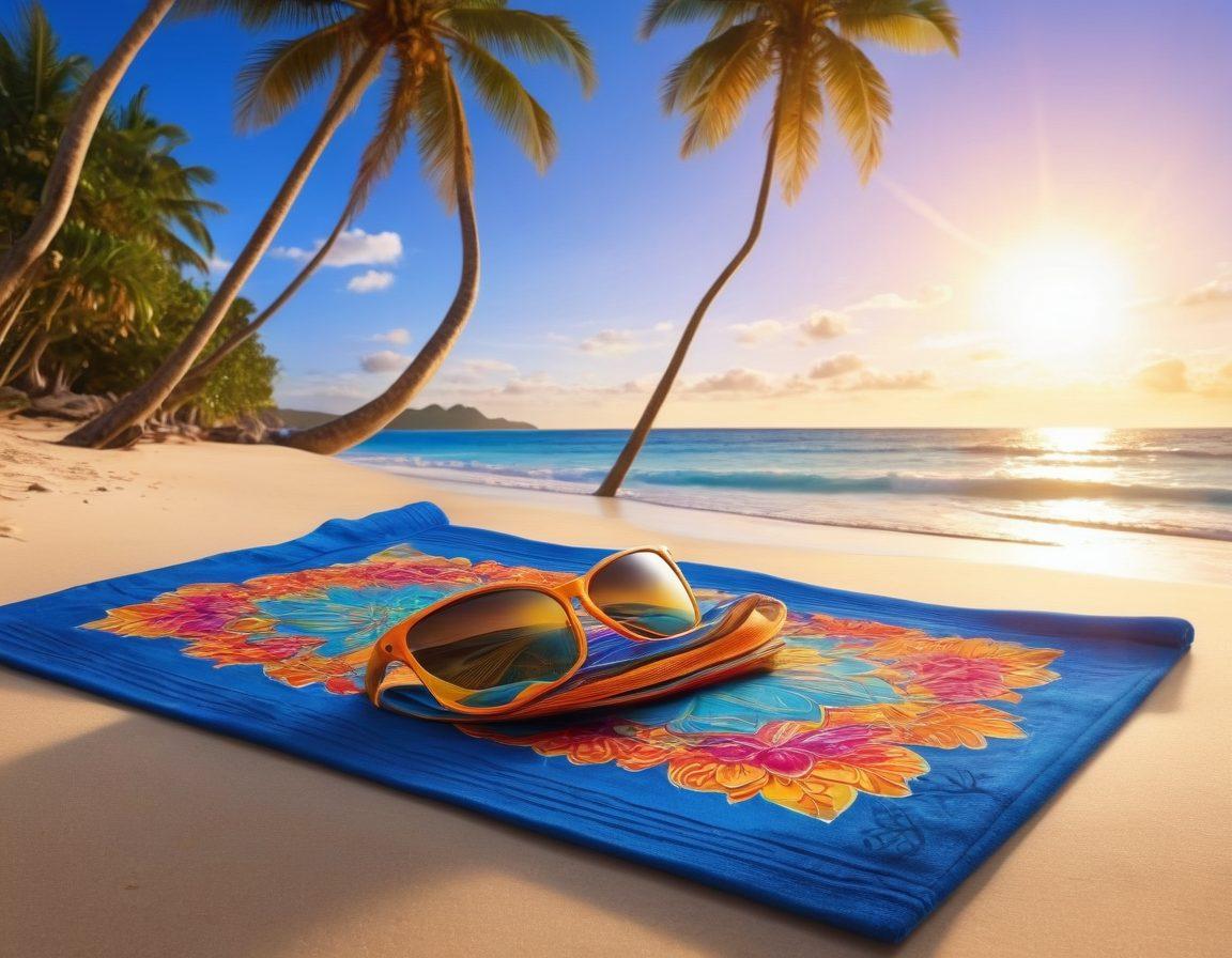 A tropical beach scene featuring colorful swimwear adorned with subtle devotional symbols like lotus flowers and mandalas. Lush palm trees and blue waves in the background, with a sun setting on the horizon creating a warm glow. Include a beach towel with an open book of prayers and a pair of sunglasses, inviting relaxation and reflection. Incorporate vibrant colors to evoke a joyful, adventurous atmosphere. super-realistic. vibrant colors. 3D.